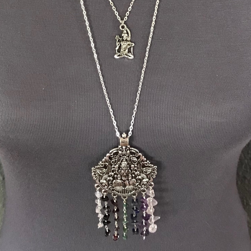 Dancing Shiva Handmade 2-Layer Boho Hindu Silver Necklace Rainbow Chakra Stones - Picture 8 of 16
